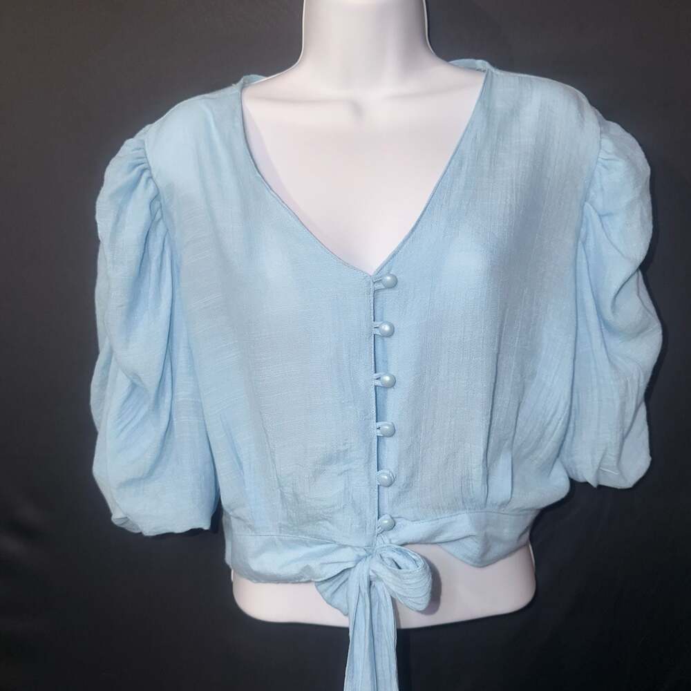 Who's That Girl? Light Blue Puff Sleeve Tie Front Crop Top Size M